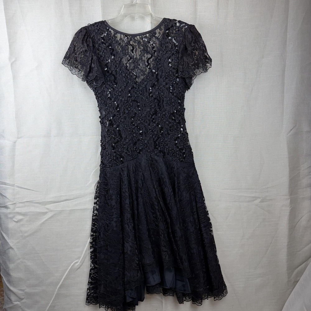 VTG Michael Marcella Dress Womens 6 Black Lace‎ Sequin Short Sleeve Flare Party